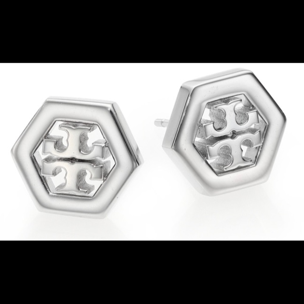 Tory Burch Hex Logo Silver Earrings